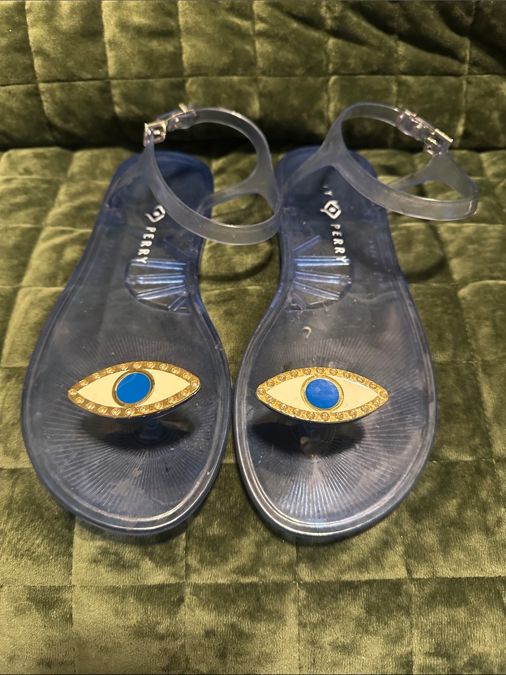 Katy Perry Collections Clear Blue Jelly Sandals with Gold Eye Charms